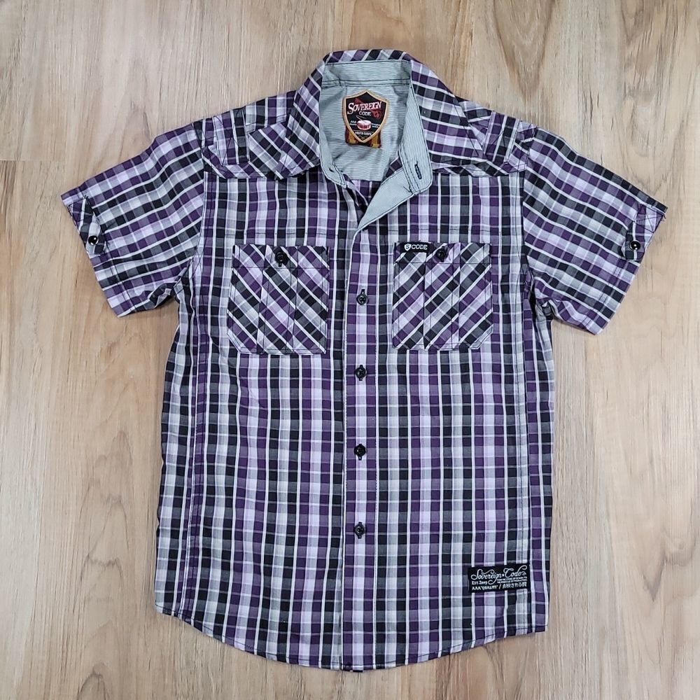🧡Sovereign Code Purple Plaid Buttoned Short Sleeve Shirt Small